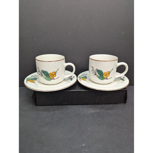 Woodhill by Citation Floral Design Flat Coffee Cup and Saucer Set of 2 - Picture 1 of 11